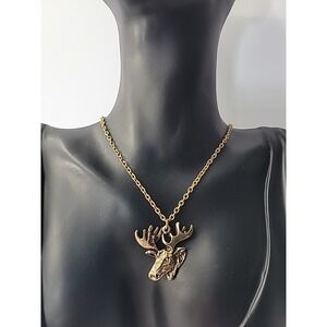 Vintage Necklace Pendant Deer Buck Antlers Gold Tone Jewelry Costume